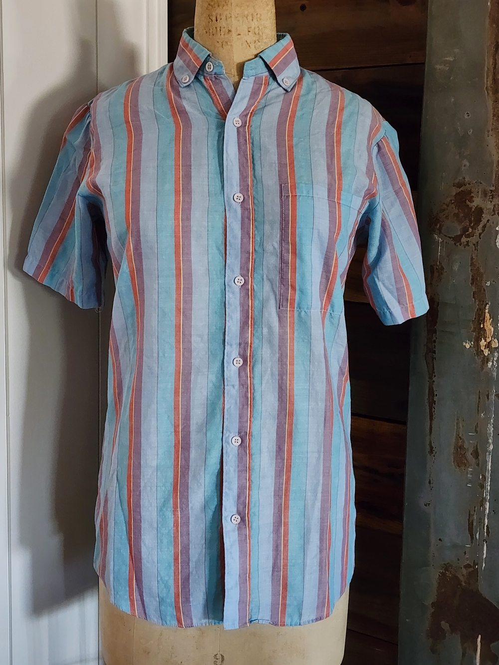 Vintage Light Blue & Orange Stripe Short-Sleeve Button-Down Shirt